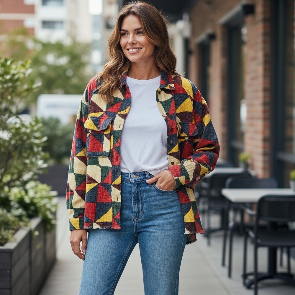 BDG Woven Geometric Shirt Women Small Multicolor Triangle Pattern Raw Hem Boho